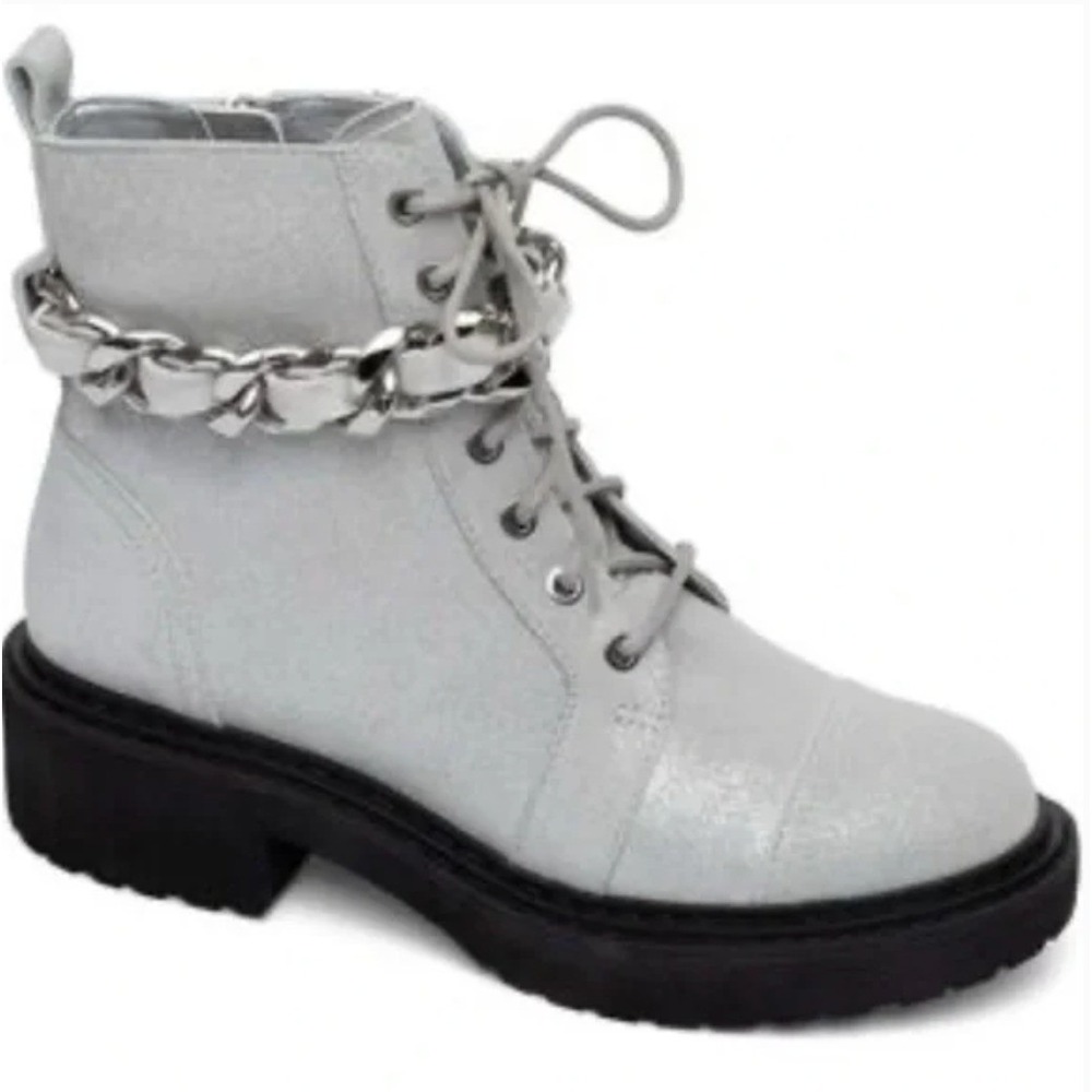 Linea Paolo Size 5 Silver Glitter Leather Combat Moto Boots NEW Platform ‎ $129